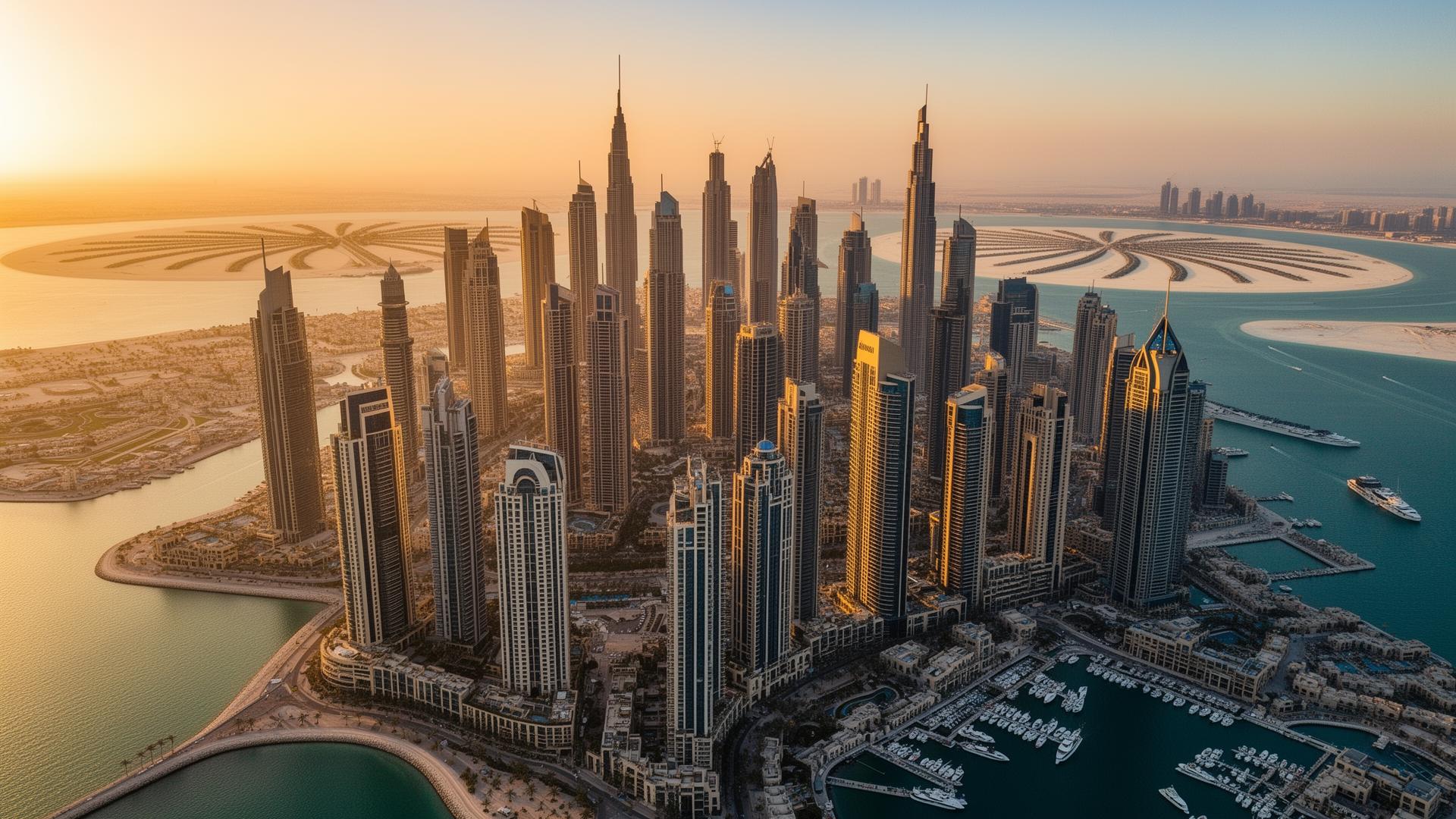 Dubai Marina skyline bij gouden uur
